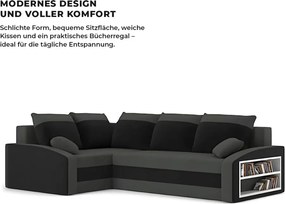 Grande sarokkanapé polcokkal , polc a jobb karfaban, baloldali, szövet anyag, hab töltet, szürke - fekete