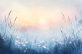 Fotótapéta Flizelina Rét Fű Virágok Nap Reggel Köd 104x70,5 ragasztó