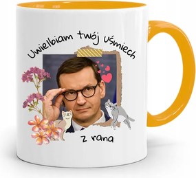 Sárga Politikus Bögre Mateusz Morawiecki Miniszterelnök fényképes nyomtatással