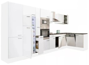 Yorki 430 sarok konyhabútor fehér korpusz,selyemfényű fehér fronttal felülfagyasztós hűtős szekrénnyel