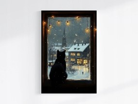 Vászonkép Canvas Ablak Kilátás Város Tél Éjszaka Fekete Macska Néző 40x60