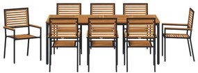 9 Részes Kerti Étkezőszett Fekete Poli Rattan Akácia, Egymásra Rakható Kerti Székek Párnákkal 2 db Fekete Poli Rattan, Kerti Asztal 200x90x75 cm Tömör Akácia Fa és Fém