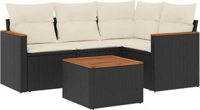 vidaXL 5 részes fekete polyrattan kerti kanapészett párnákkal