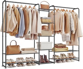 Ruhatartó állvány rúddal és polcokkal, fém kabáttartó, matt fekete