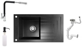NERO Cortina Gránit mosogató + Kihúzható csaptelep + Adagoló (fekete - szemcsés)