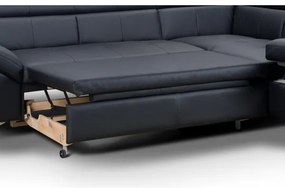 Fekete, jobb oldali, bőrkárpitos, L-alakú SALERNO II sarokkanapé, ággyá nyitható