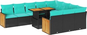 vidaXL 11 részes fekete polyrattan akácfa kerti ülőgarnitúra párnákkal