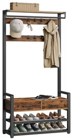 Előszobafal paddal és cipőtárolóval, 2 textilfiókkal, 10 akasztóval, rusztikus barna 30x80,4x181,6cm
