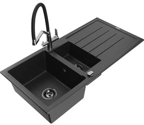 Mexen Andres gránit mosogató 1,5 medencével, csepegtetővel és Duo konyhai csapteleppel, fekete/ezüst - 6515-73-671701-07-B