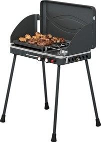 Outsunny hordozható 2-égős gázgrill – 2 az 1-ben asztali és állványos, 20 000 BTU (kb. 5,9 kW), összecsukható lábak, tapadásmentes sütőlap, szélfogó é