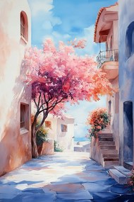 Vászonkép Canvas Tájkép Mediterrán Utca Fa Virágok 80x120