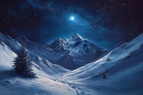 Vászonkép Canvas Tájkép Magas Hegyek Éjszaka Hold Tél Hó 60x40