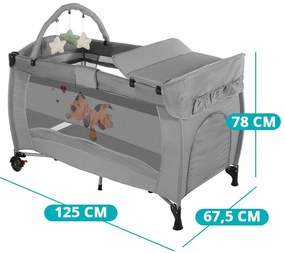 Utazóágy pelenkázó lappal és játékhíddal, szürke