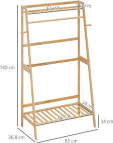 HOMCOM Bambusz Ruhafogó 2 Polccal, 2 Küllővel és 1 Akasztósrúddal - 82 x 36.8 x 140 cm | Aosom