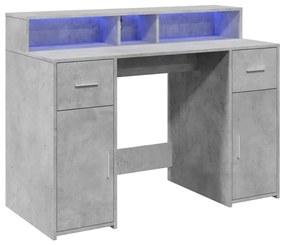 betonszürke szerelt fa íróasztal LED-világítással 120x55x91 cm