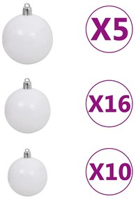 műkarácsonyfa 130 LED-del, gömbszettel és hópehellyel 210 cm