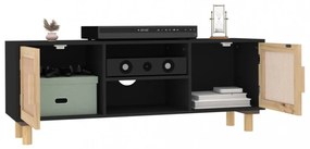 fekete fenyőfa és természetes rattan TV-szekrény 105x30x40 cm