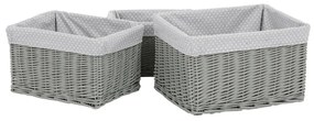 Szürke fonott polcos kosárszett szövettel, pöttyös, 3 db, 3 méretben, 48 x 25 x 39 cm
