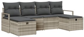 6 Részes Kerti Sofa Készlet Párnákkal Világosszürke Poli Rattan, 2-Személyes Kerti Sofa Tárolóval és Párnákkal Szürke Poli Rattan