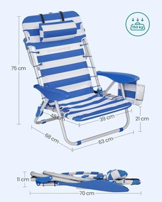 Strandszék, összecsukható , hordozható kültéri szék, állítható háttámlával, kék és fehér