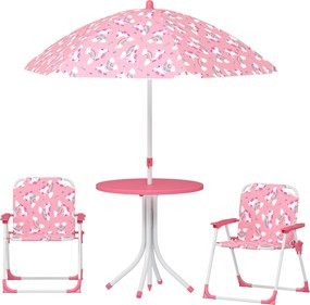 AIYAPLAY 4 részes gyerek kerti asztal- és szék szett — összecsukható székek, levehető napernyő, unikornis és szivárvány mintás, rózsaszín | Aosom