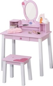 HOMCOM Gyermek Sminkasztal Székkel és Hercegnő Tükörrel - Fából készült Sminkasztal Lányoknak 60x34x93 cm | Aosom