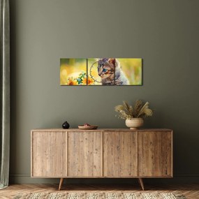 Macska képe ahogy a virágot nézi (órával) (90x30 cm)