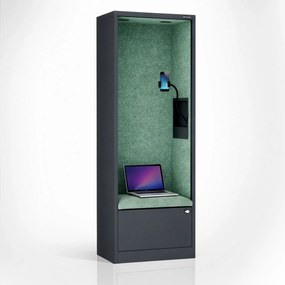 Irodai hangszigetelő fülke ülőkével és USB-C csatlakozóval, antracit színű váz / zöld ülőke, 600 mm: SALLY MentalBox