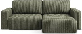 Zöld kordbársony kinyitható-tárolóhelyes sarokkanapé (jobb oldali-heverő résszel) Kona – Makamii