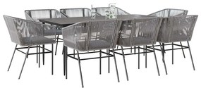 9 részes szürke polyrattan üveg kerti étkezőgarnitúra párnával