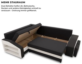 Grande sarokkanapé polcokkal és puffokkal , polc a bal karfaban puffok a jobb karfaban, baloldali, szövet anyag, hab töltet, fekete - fehér