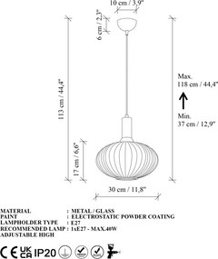 Asker 15182 fekete fém-üveg függőlámpa, Ø30 cm
