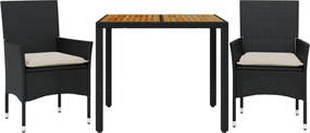 vidaXL 3részes fekete polyrattan/akácfa kerti étkezőgarnitúra párnákkal