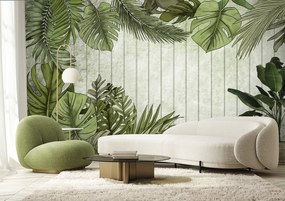 Gario Fotótapéta Zöld levelek fa táblákkal a háttérben Anyag: Vlies, Méret: 300 x 210 cm