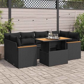 6 részes fekete polyrattan akácfa kerti ülőgarnitúra párnákkal