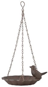 Felakasztható öntöttvas madáretető és itató, egy kismadárral