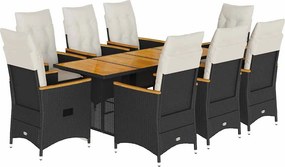 vidaXL 9 részes fekete polyrattan kerti étkezőgarnitúra párnákkal