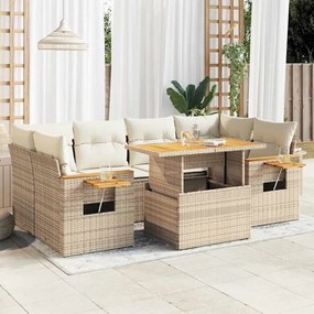 7 részes bézs polyrattan akácfa kerti ülőgarnitúra párnákkal