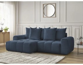 Kék zsenília kinyitható-tárolóhelyes sarokkanapé (bal oldali-heverő résszel) Roxelane – Bobochic Paris