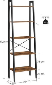 VASAGLE ALINRU 5 szintes létrapolc fémvázzal, 56 × 34 × 172 cm, rusztikus barna-fekete
