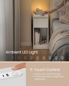 Keskeny éjjeliszekrény töltőállomással és LED-fénnyel, USB portokkal, fehér