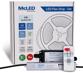 McLED  LED szalag - készlet 4 m + Vevő Nano IP67, 240 LED/m, CW, 6 W/m, DC 24V, 520 lm/m, CRI90, IP67, 10 mm, Vezető 3 m ML-126.032.90.S04002