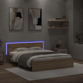 sonoma tölgy színű ágykeret fejtámlával és LED-del 160 x 200 cm