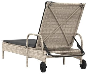 világosszürke polyrattan napozóágy kerekekkel és párnával
