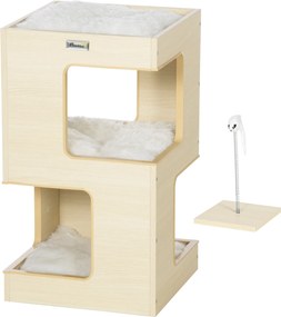 PawHut Macska Barlang, 3-Szintes Macska Szekrény Párnával, Macskaház, Macska Barlang Műegér Játékkal, Macska Bútor, Belső Tér, Tölgy, 34 x 34 x 60 cm