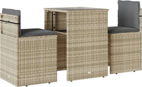 vidaXL 3 részes világosszürke polyrattan bisztrógarnitúra párnákkal