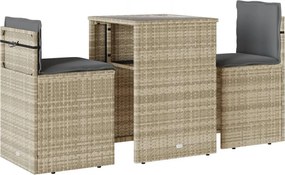 vidaXL 3 részes világosszürke polyrattan bisztrógarnitúra párnákkal