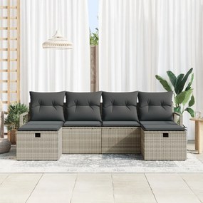 6 Részes Kerti Sofa Készlet Párnákkal Világosszürke Poli Rattan, 2-Személyes Kerti Sofa Tárolóval és Párnákkal Szürke Poli Rattan