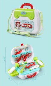 Gyermek orvosi készlet, fogantyús bőrönddel, hordozószíjjal, 12 kiegészítővel, többszínű