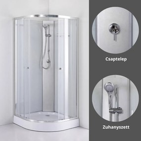 Stuxi Genova 90x90 cm íves két tolóajtós fehér hátfalas zuhanykabin 5 mm üveggel zuhanytálcával és csapteleppel